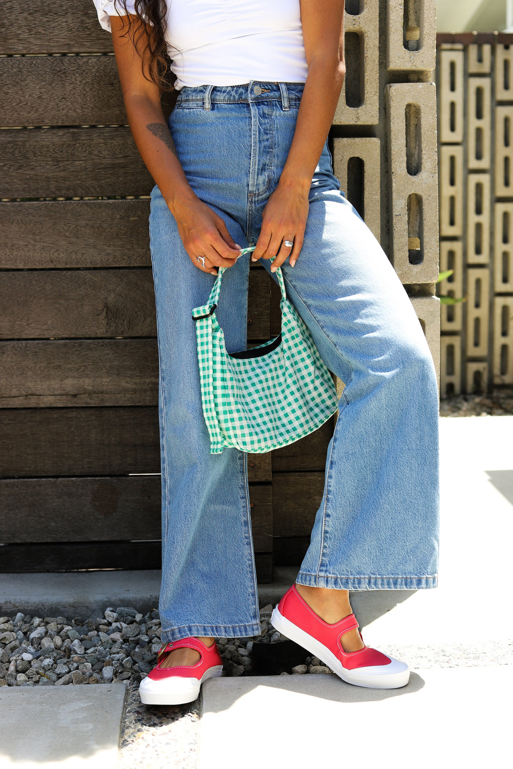 Green Gingham Mini Nylon Shoulder Bag