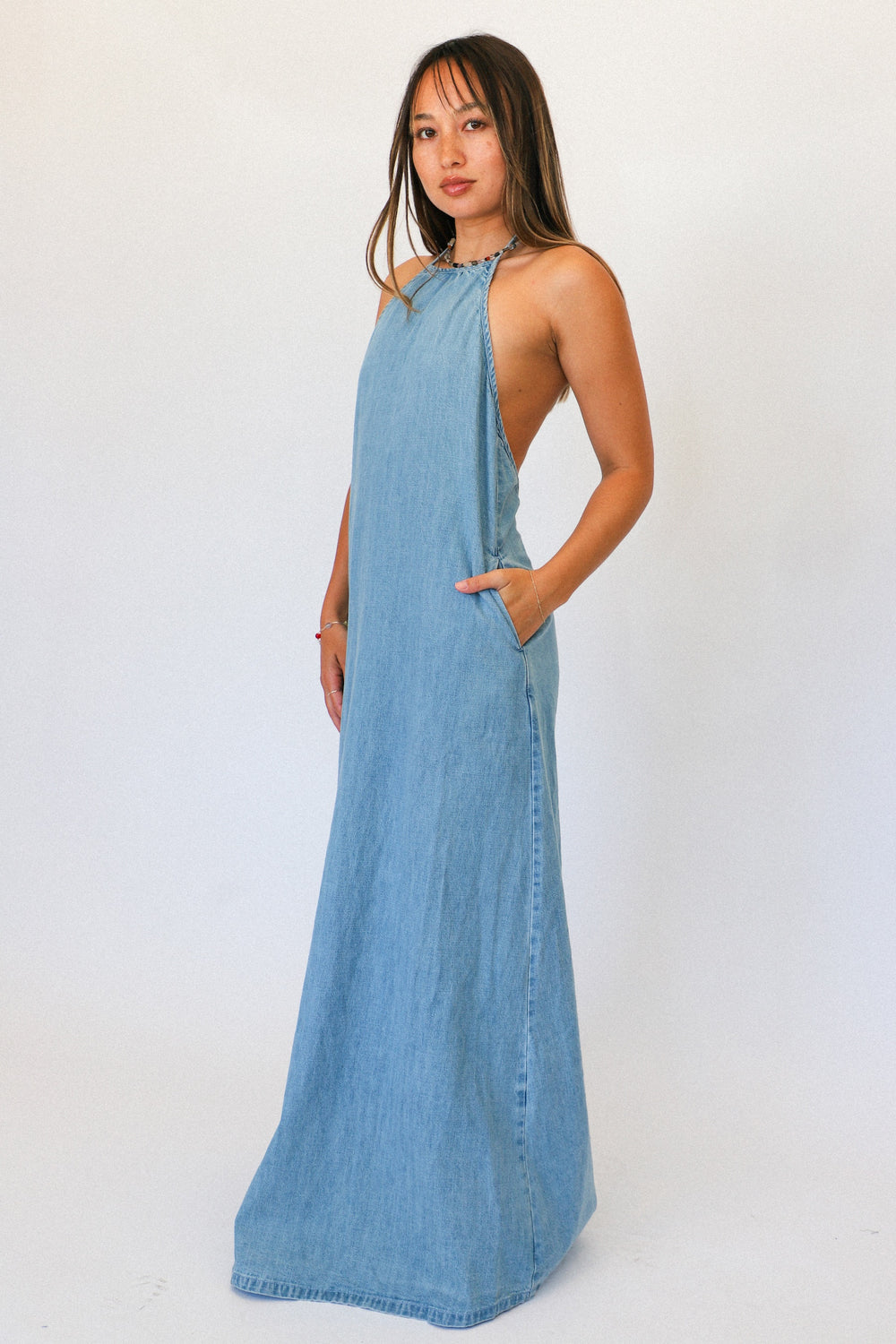 Washed Denim Halter Dress