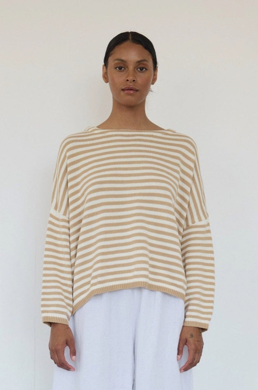 Beige Boatneck Stripe Knit Pullover