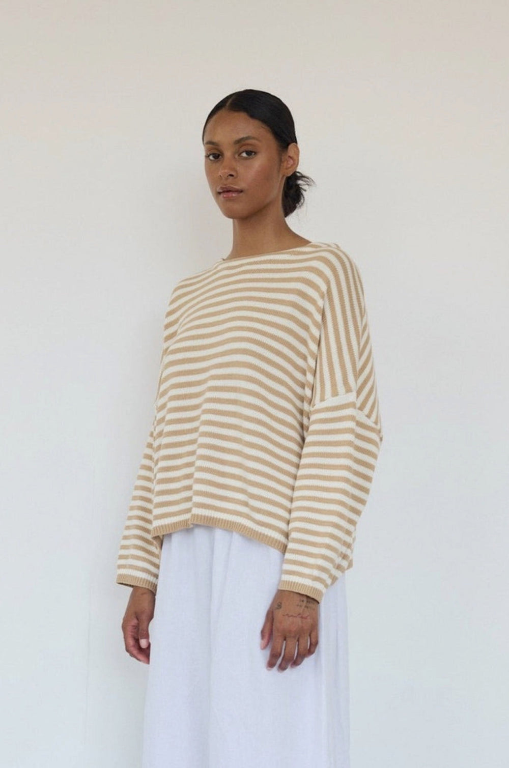 Beige Boatneck Stripe Knit Pullover