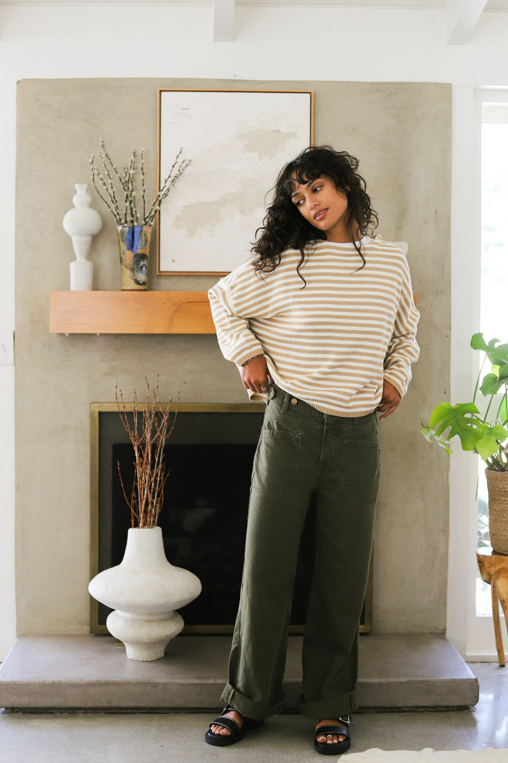 Beige Boatneck Stripe Knit Pullover