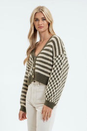 Olive Mixed Checker Cardigan