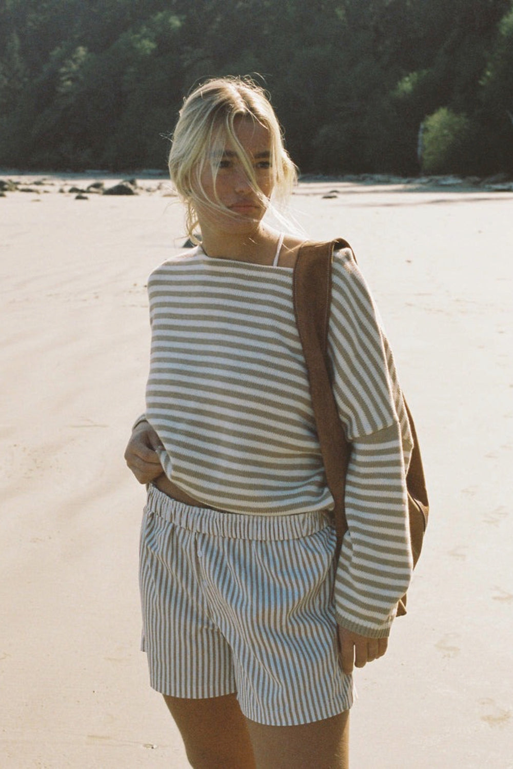 Beige Boatneck Stripe Knit Pullover