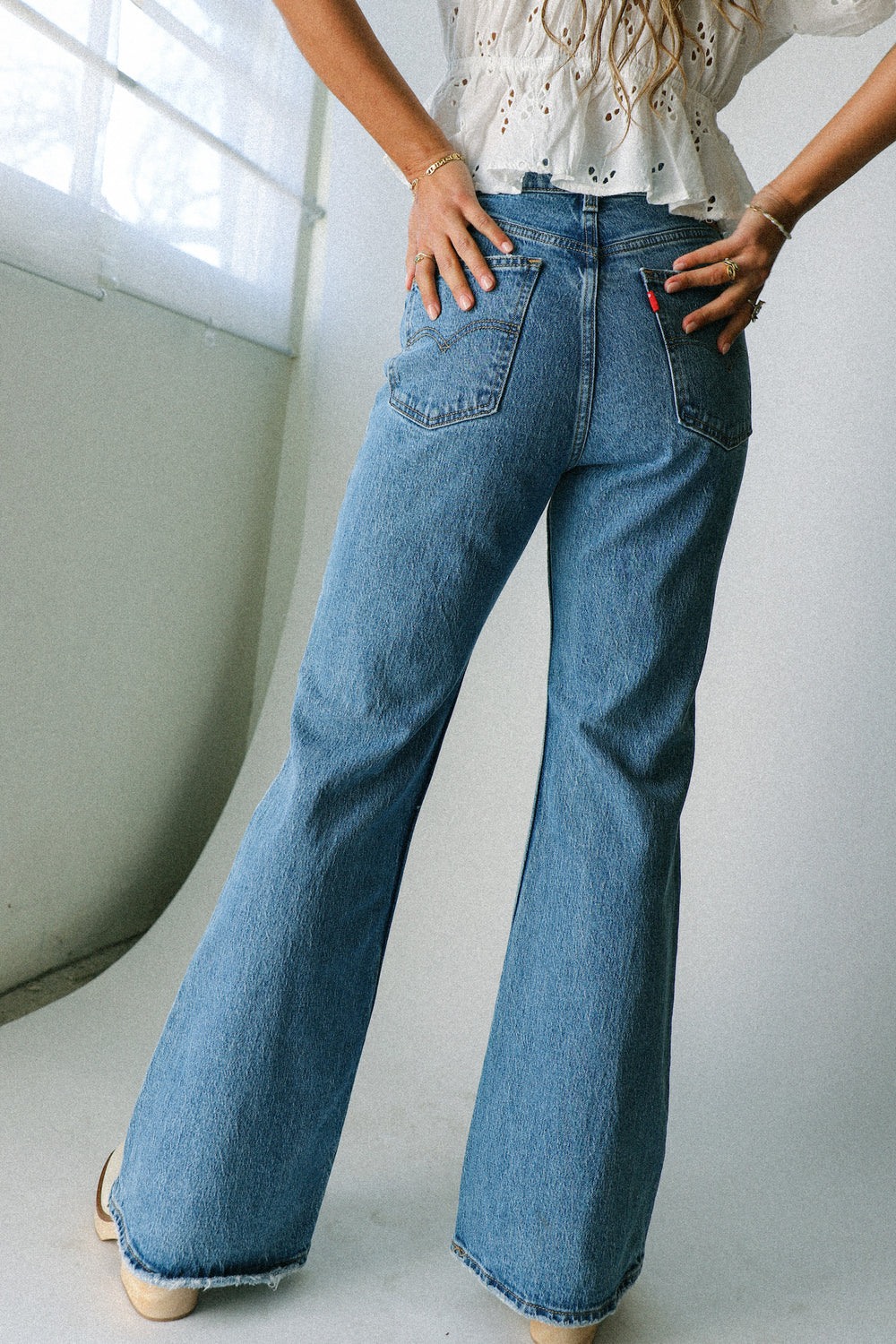Women's Organic Cotton High Waisted Skinny Flare Jeans in 70s Blue
